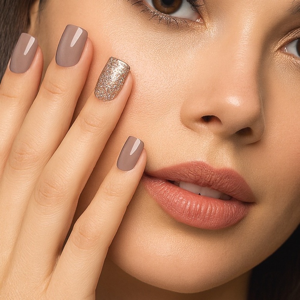 Impress Press On Manicure 30 Nails So Unexpected Taupe Glitter Accent Gel 93-34